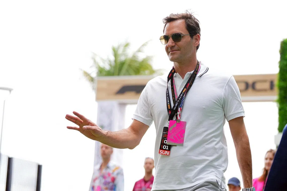 May 7, 2023; Miami Gardens, Florida, USA; Former professional tennis player Roger Federer walks through the paddock prior to the Miami Grand Prix at Miami International Autodrome. Mandatory Credit: Jasen Vinlove-USA TODAY Sports