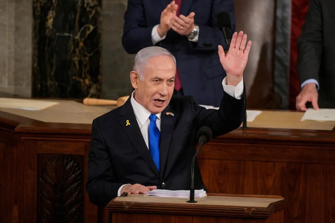 Israeli Prime Minister Benjamin Netanyahu addressing a joint meeting of Congress at the US Capitol in Washington, on July 24.