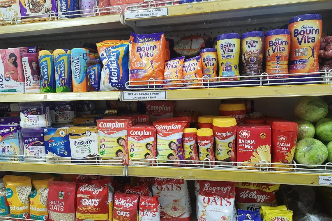 ddhealth - A representative view of a supermarket shelf in India with "health drinks" aimed at children. Such beverages have come under the scanner for their high sugar content and questionable health claims.