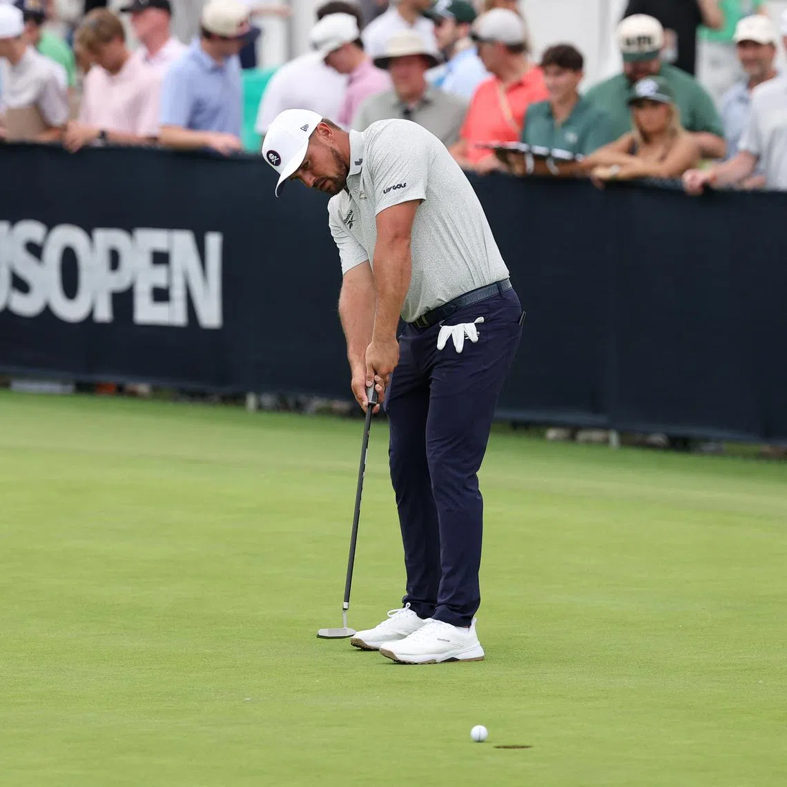 Jun 9, 2025; Oakmont, Pennsylvania, USA; Bryson DeChambeau putts on the practice green during a practice round for the U.S. Open golf tournament at Oakmont Country Club. Mandatory Credit: Bill Streicher-Imagn Images