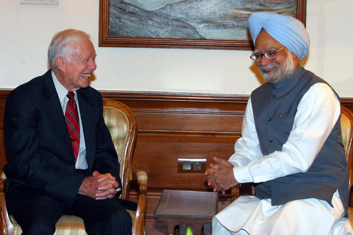 Former US president Jimmy Carter (left) meeting then Indian prime minister Manmohan Singh in New Delhi, India, in 2006.
