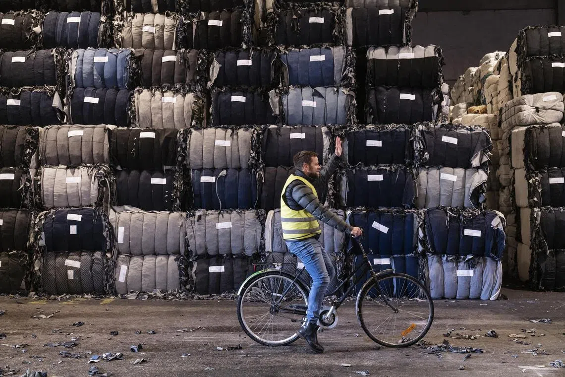 Bales of cotton waste at Renewcell’s new textile recycling plant in Sundsvall, Sweden, Nov. 25, 2022. The factory is the first step in turning old clothes into new, high-quality fashion. 