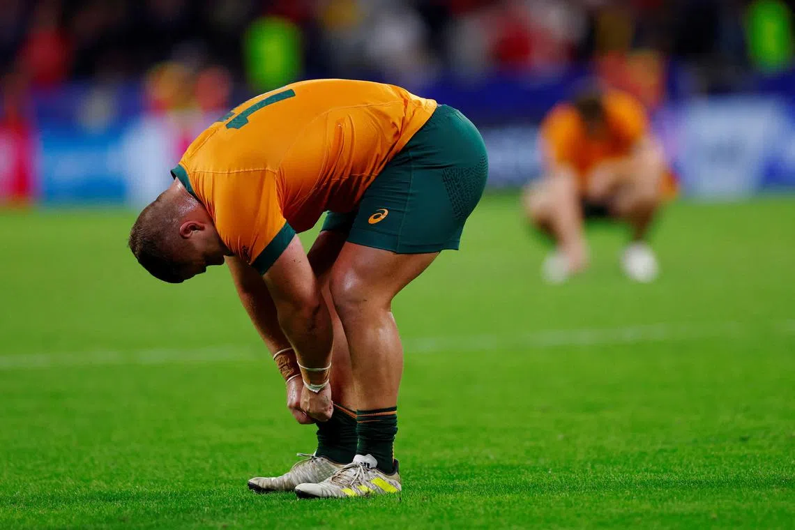 Australia's Blake Schoupp looks dejected after the 40-6 loss to Wales in their Rugby World Cup Pool C game at OL Stadium, in Lyon, France on Sept 24, 2023.