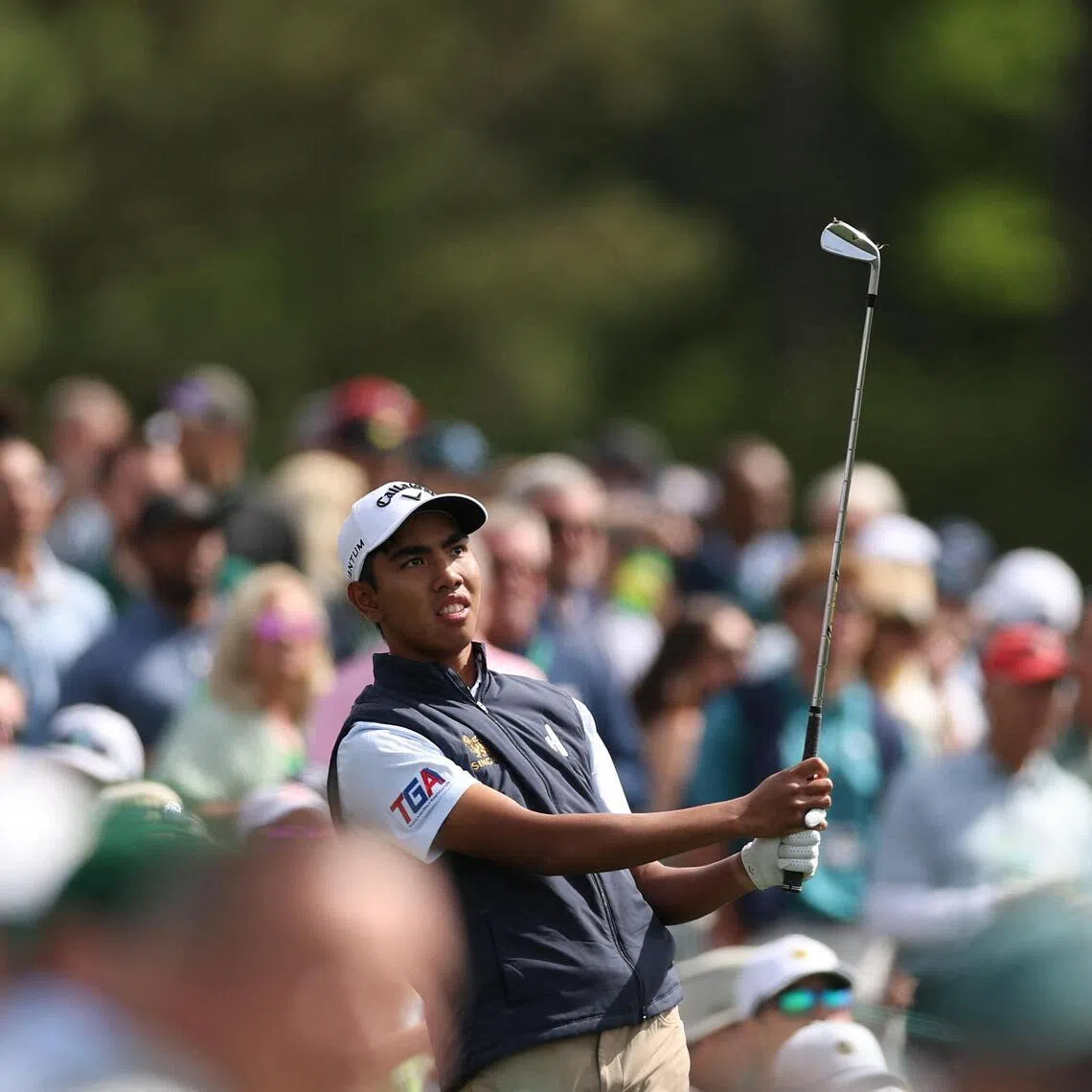 AUGUSTA, GEORGIA - APRIL 06: Amateur Fifa Laopakdee of Thailand plays a shot from the 12th hole tee box during a practice round prior to the 2026 Masters Tournament at Augusta National Golf Club on April 06, 2026 in Augusta, Georgia.   Maddie Meyer/Getty Images/AFP (Photo by Maddie Meyer / GETTY IMAGES NORTH AMERICA / Getty Images via AFP)