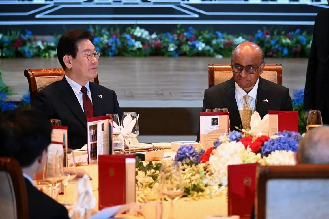 President Tharman Shanmugaratnam (right) hosting a state banquet in honour of visiting South Korean President Lee Jae Myung on March 2.