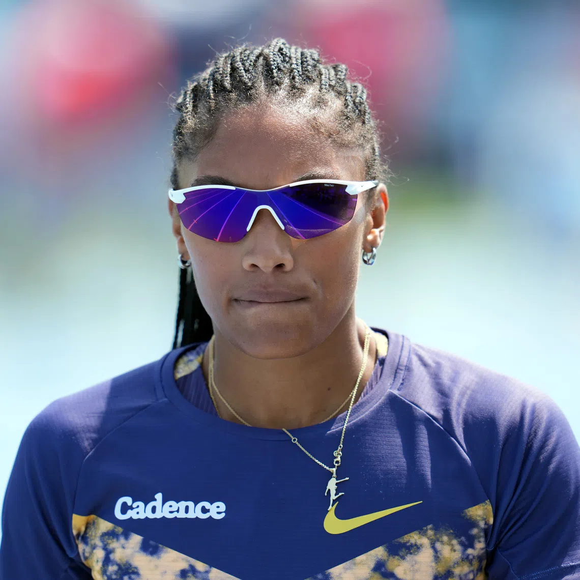Jul 25, 2026; New York, NY, USA; The reflection of the track in the sunglasses of Tara Davis-Woodhall during the USATF Championships at Icahn Stadium. Mandatory Credit: Kirby Lee-Imagn Images