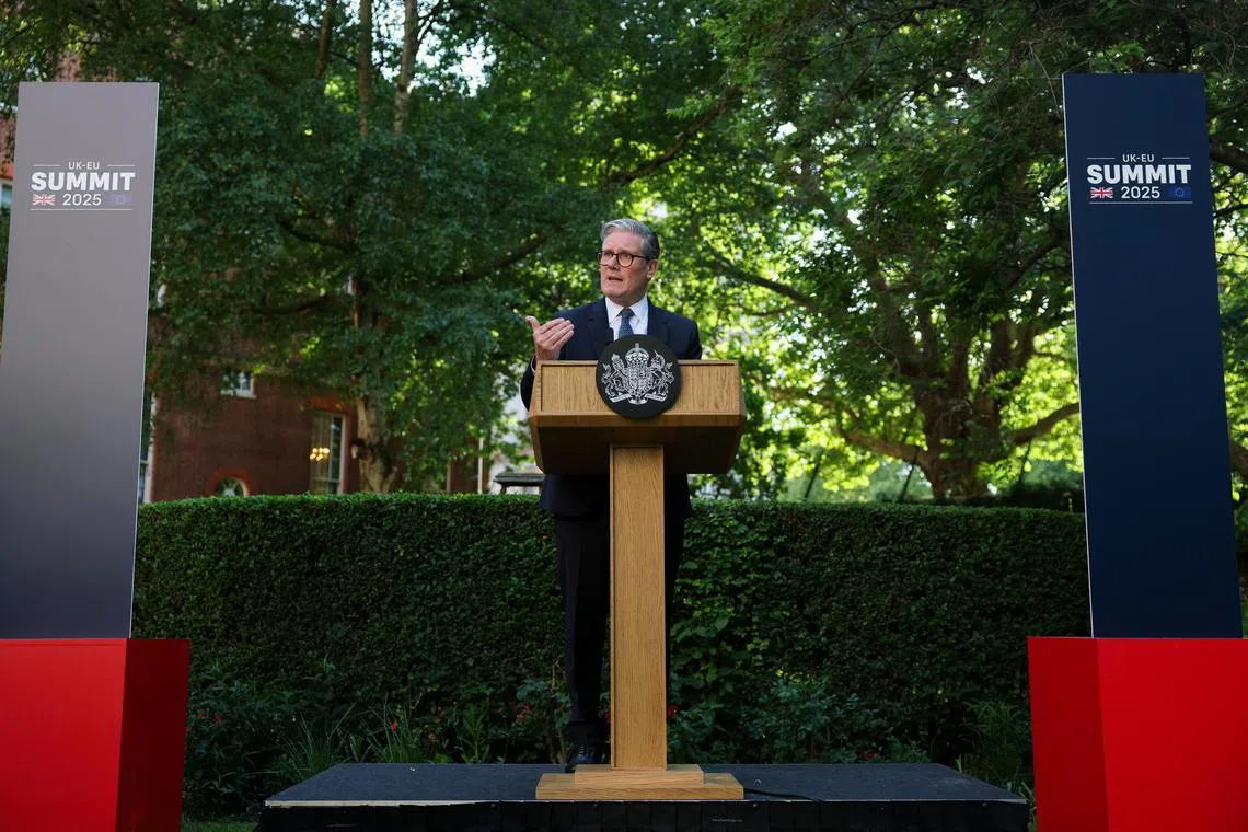 FILE PHOTO: British Prime Minister Keir Starmer speaks during a reception, following the UK-EU summit, in London, Britain, May 19, 2025. REUTERS/Hannah McKay/Pool/File Photo