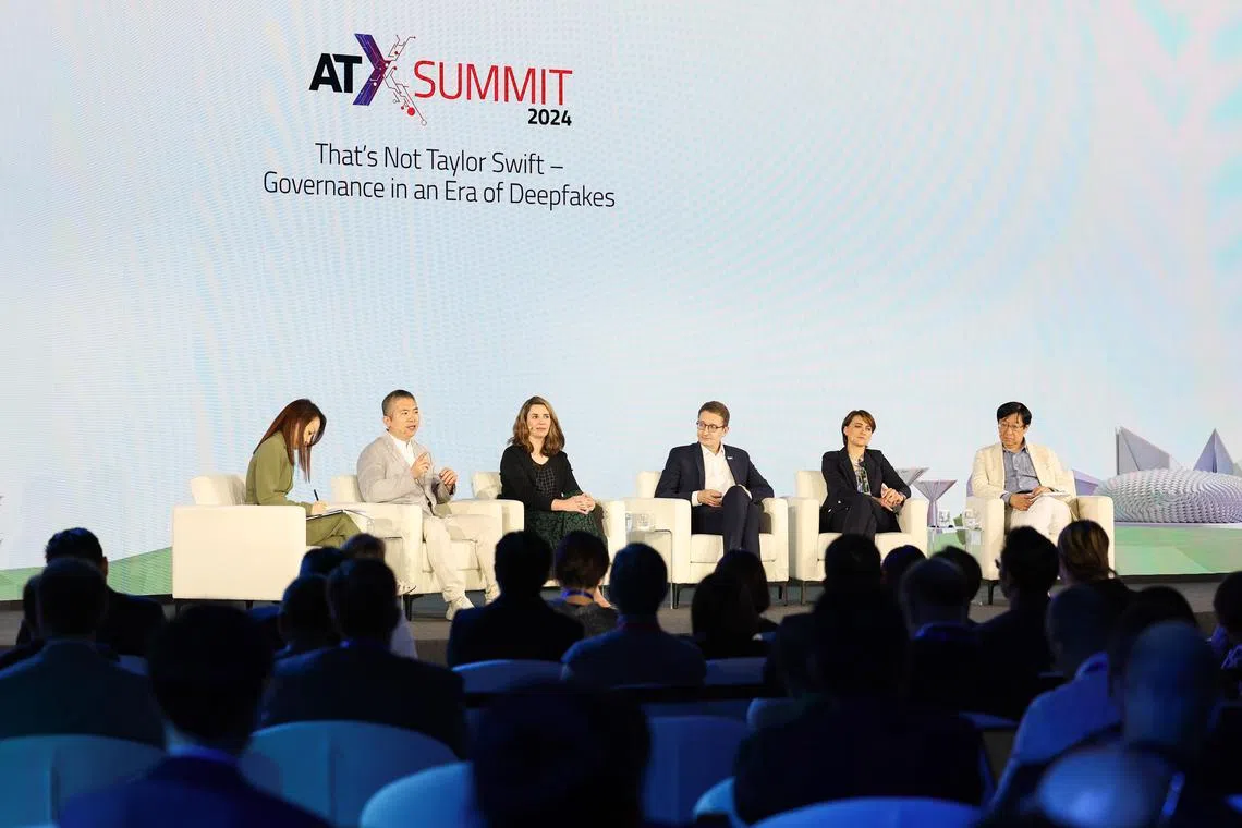 A panel discussion on fighting deepfakes at the Asia Tech x Summit at Capella Singapore on May 31, 2024. ST PHOTO: BRIAN TEO