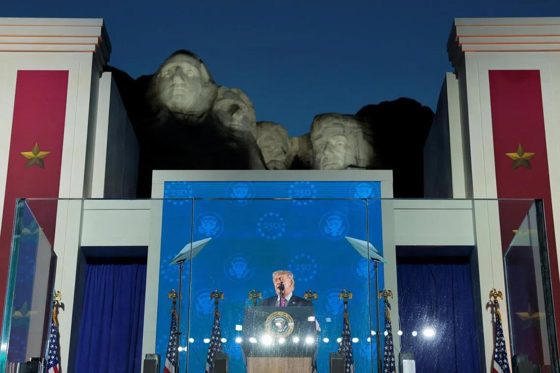 US President Donald Trump delivers remarks during a celebration for the 250th anniversary of US independence at Mount Rushmore on July 3.
