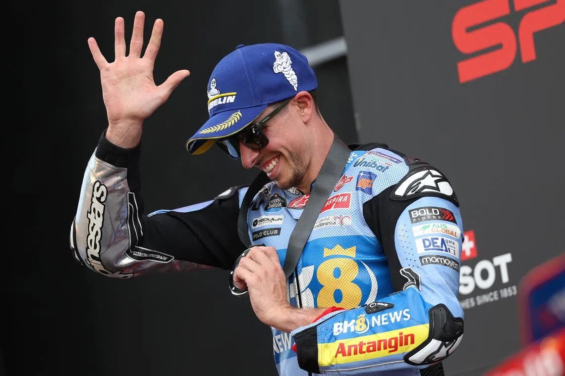 FILE PHOTO: MotoGP - Austrian Grand Prix - Red Bull Ring, Spielberg, Austria - August 16, 2025 BK8 Gresini Racing MotoGP's Alex Marquez celebrates after finishing second in the sprint race REUTERS/Gintare Karpaviciute/File Photo