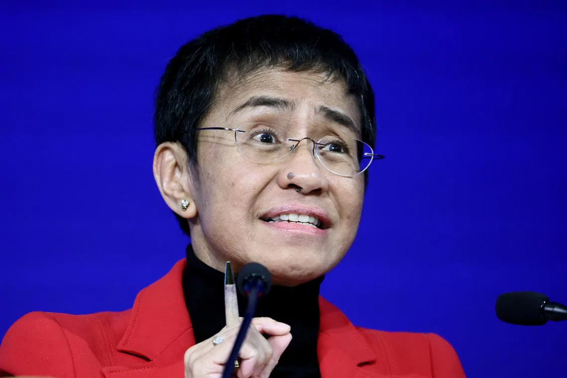 FILE PHOTO: Nobel Peace Prize co-winner 2021 Maria Ressa attends a ceremony for World Press Freedom day at the Graduate Institute in Geneva, Switzerland May 3, 2022. REUTERS/Denis Balibouse/File Photo