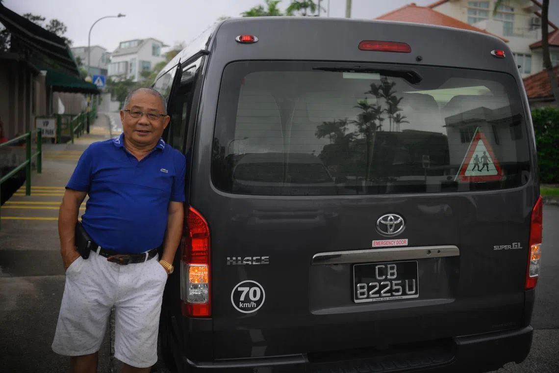 Jeffrey Foo , a 70-year-old school bus driver with the "CB" registration plate, pictured with his bus on January 31, 2023. These are disappearing from our roads as the Land Transport Authority has stopped issuing new ones. Such plates are transferrable and the buses using them are not required to pay for a certificate of entitlement (COE), making them very valuable in the secondary market.