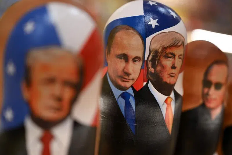 Matryoshka dolls depicting Russian President Vladimir Putin and US President Donald Trump being displayed at a gift shop in Moscow, Russia.