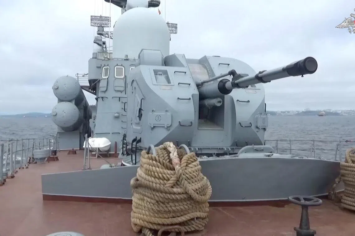 A photo released by Russia shows a warship during drills held by Russia's and China's navy in the Sea of Japan.