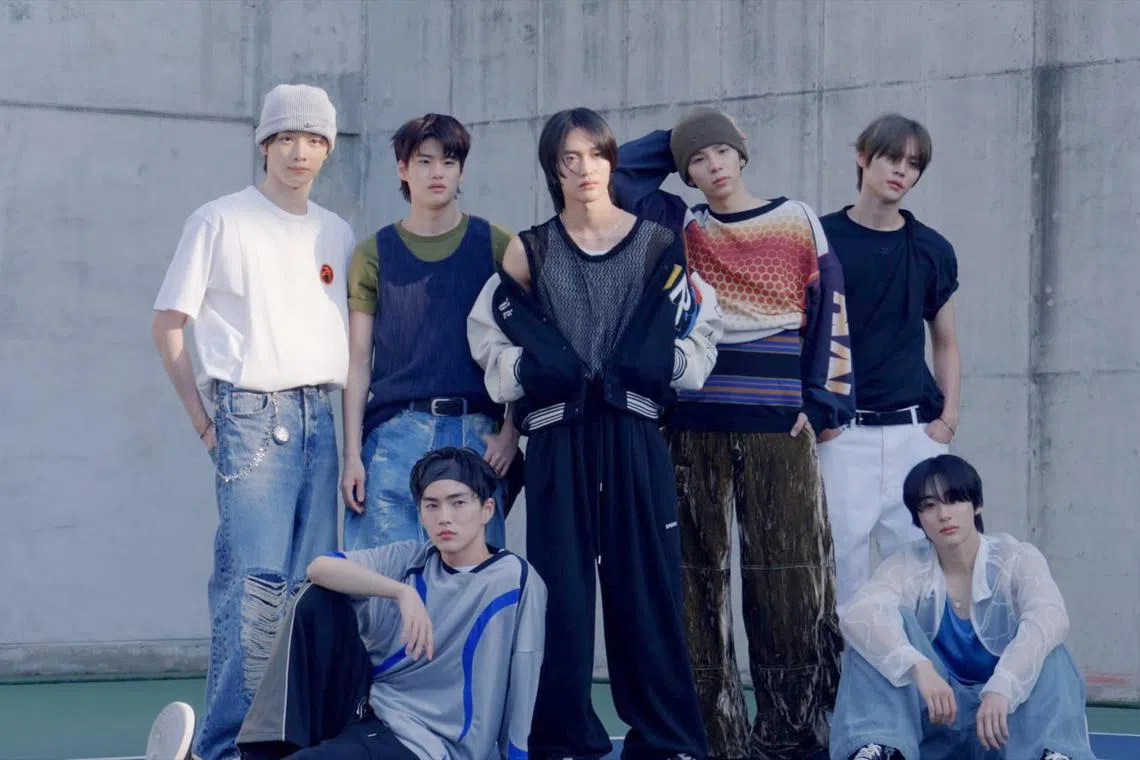 K-pop boy band Riize as a seven-man group during behind-the-scenes filming of the music video for their debut single, Get A Guitar.