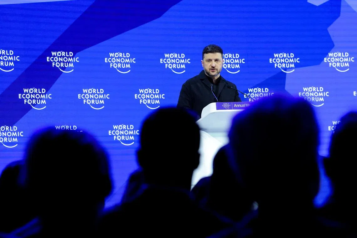Ukrainian President Volodymyr Zelenskiy speaks at the 56th annual World Economic Forum (WEF) meeting in Davos, Switzerland, January 22, 2026. REUTERS/Denis Balibouse