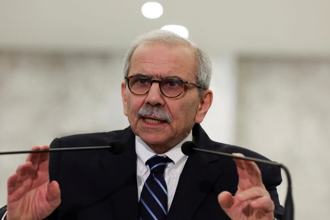 FILE PHOTO: Lebanese Prime Minister-designate Nawaf Salam speaks at the presidential palace on the day he meets with Lebanese President Joseph Aoun, in Baabda, Lebanon January 14, 2025. REUTERS/Mohamed Azakir/File Photo