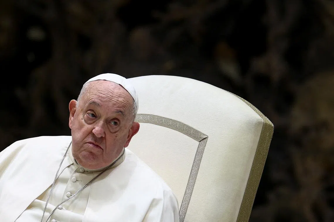 FILE PHOTO: Pope Francis attends the Jubilee audience in Paul VI hall at the Vatican, January 11, 2025. REUTERS/Guglielmo Mangiapane/File Photo