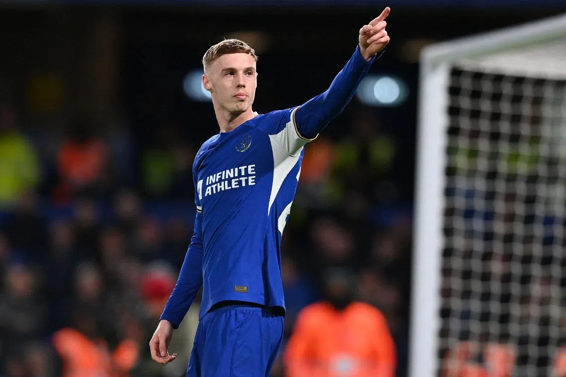 Chelsea midfielder Cole Palmer celebrates after scoring his fourth goal - Chelsea's fifth - from the penalty spot.