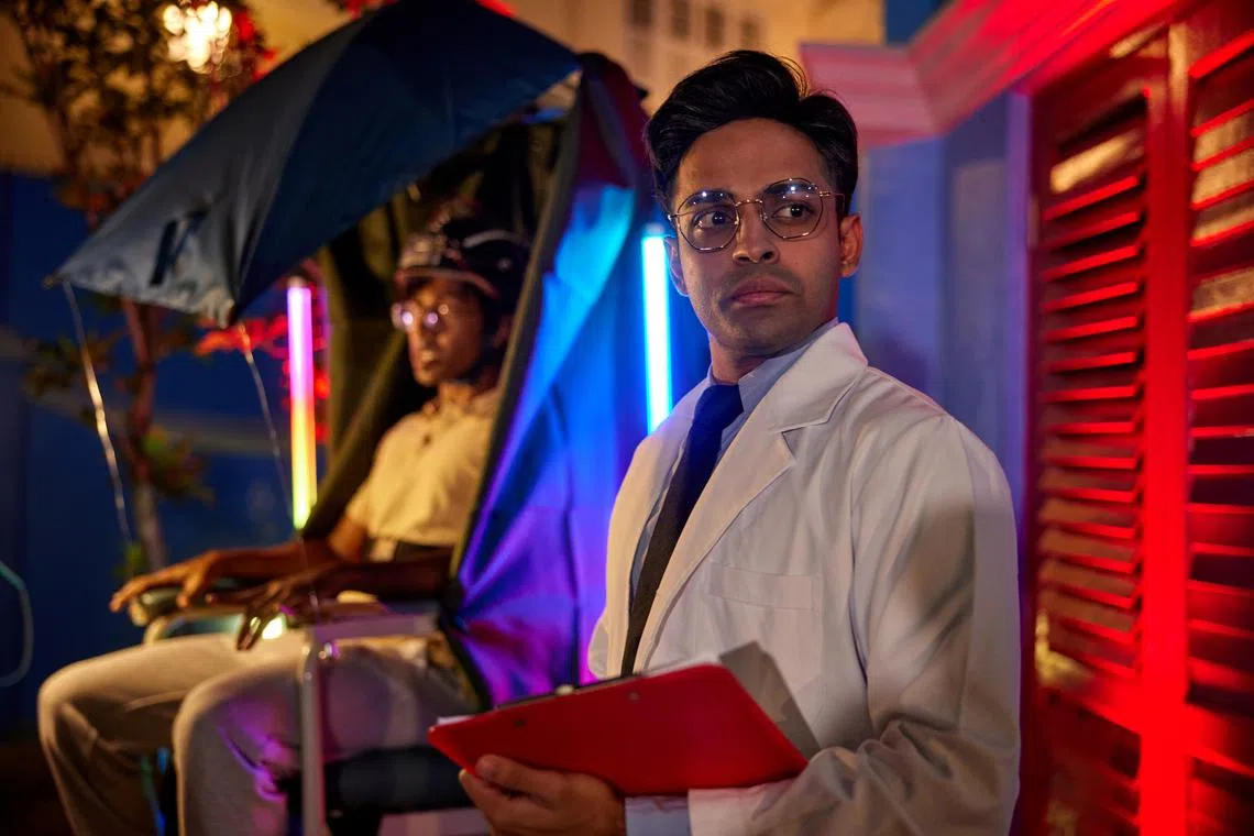 Shrey Bhargava (right) plays Dr Nithin, the man behind the Mind Hunter device that allows participants to dive into the mind of suspected serial killer David Menon (left).