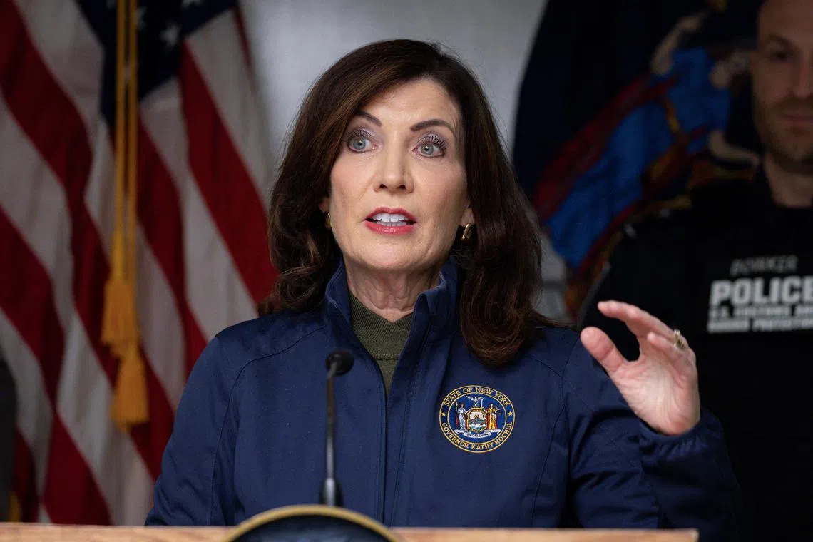 FILE PHOTO: New York Governor Kathy Hochul speaks to press after an incident at the Rainbow Bridge U.S. border crossing with Canada, in Niagara Falls, New York, U.S. November 22, 2023.  REUTERS/Lindsay DeDario/File Photo