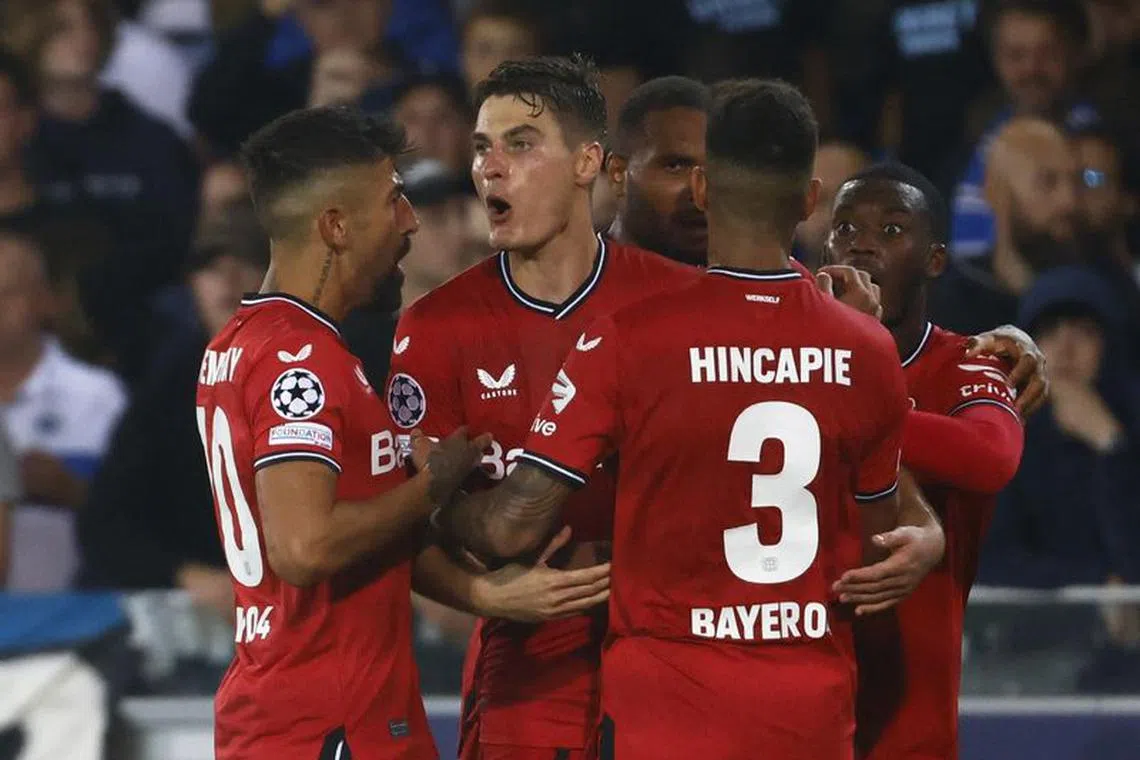 Soccer Football - Champions League - Group B - Club Brugge v Bayer Leverkusen - Jan Breydel Stadium, Bruges, Belgium - September 7, 2022 Bayer Leverkusen's Patrik Schick celebrates scoring their first goal with teammates before being disallowed after a VAR review REUTERS/Yves Herman/File photo