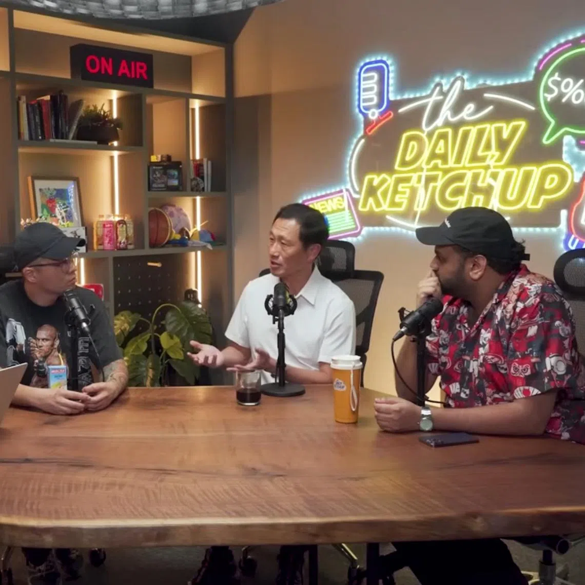 Health Minister Ong Ye Kung (second from right) speaking on local current affairs podcast The Daily Ketchup.