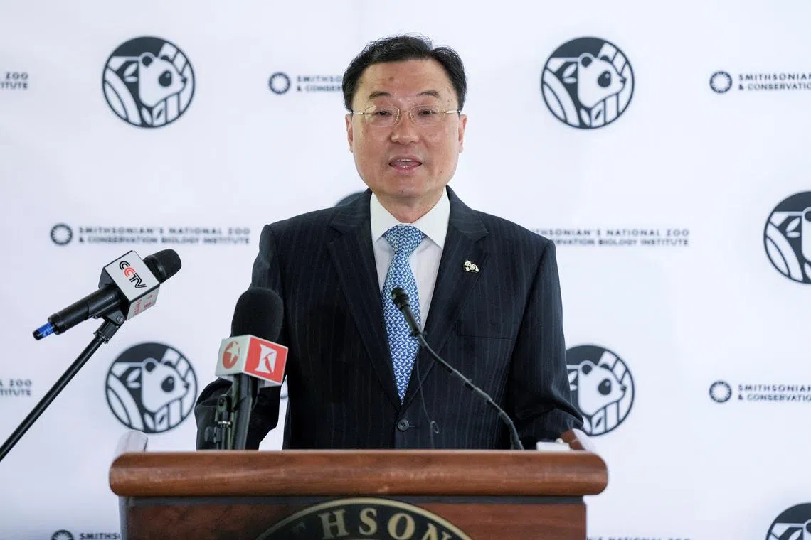 FILE PHOTO: China's ambassador to the United States Xie Feng speaks to the media at Smithsonian's National Zoo in Washington, U.S., May 29, 2024. REUTERS/Ken Cedeno/File Photo