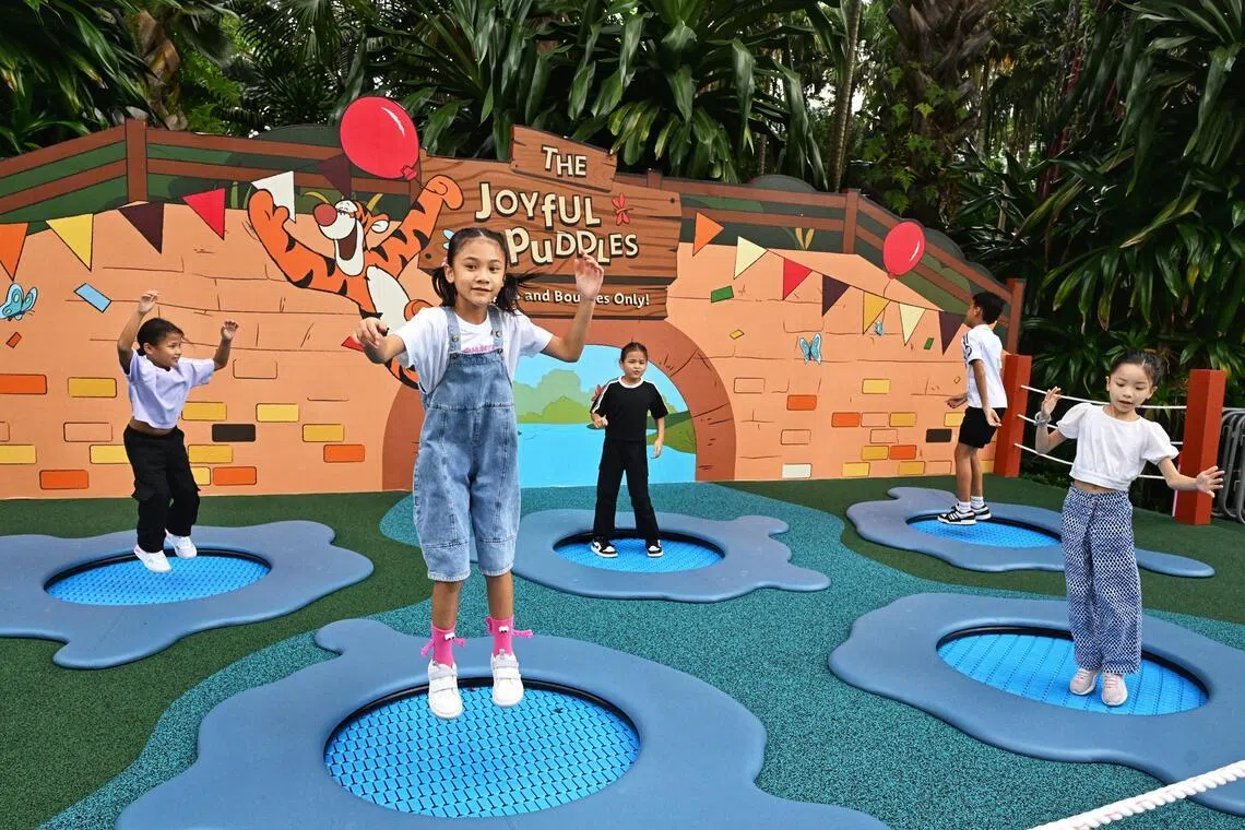 The Joyful Puddles trampoline play space allows kids to mimic Tigger’s enthusiastic bouncing in the sun.