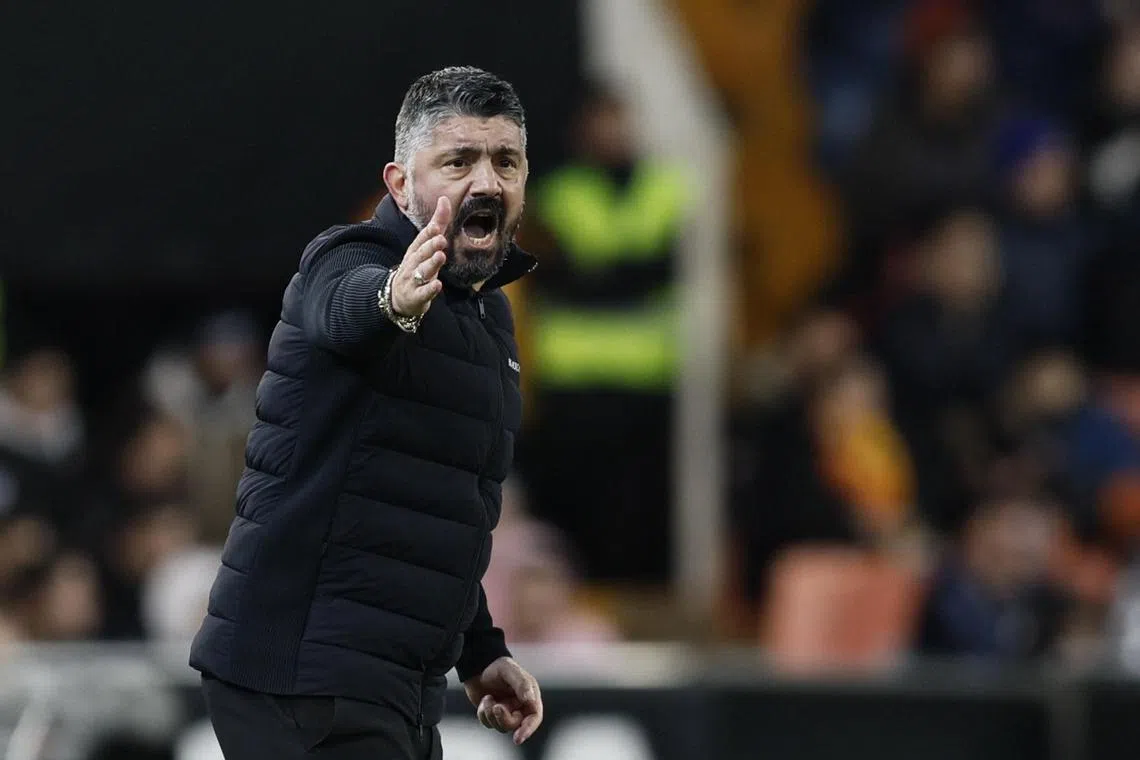 Valencia's head coach Gennaro Gattuso reacting during the LaLiga match against UD Almeria at Mestalla stadium in Valencia on Jan 23.