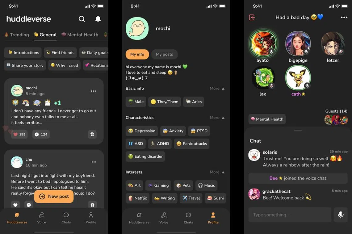 Screenshots of the Huddleverse app, which was released on the Apple App Store on May 23. To use the app, one needs to register with their e-mail address, as well as input a screen name and select one of four avatars to represent themselves.