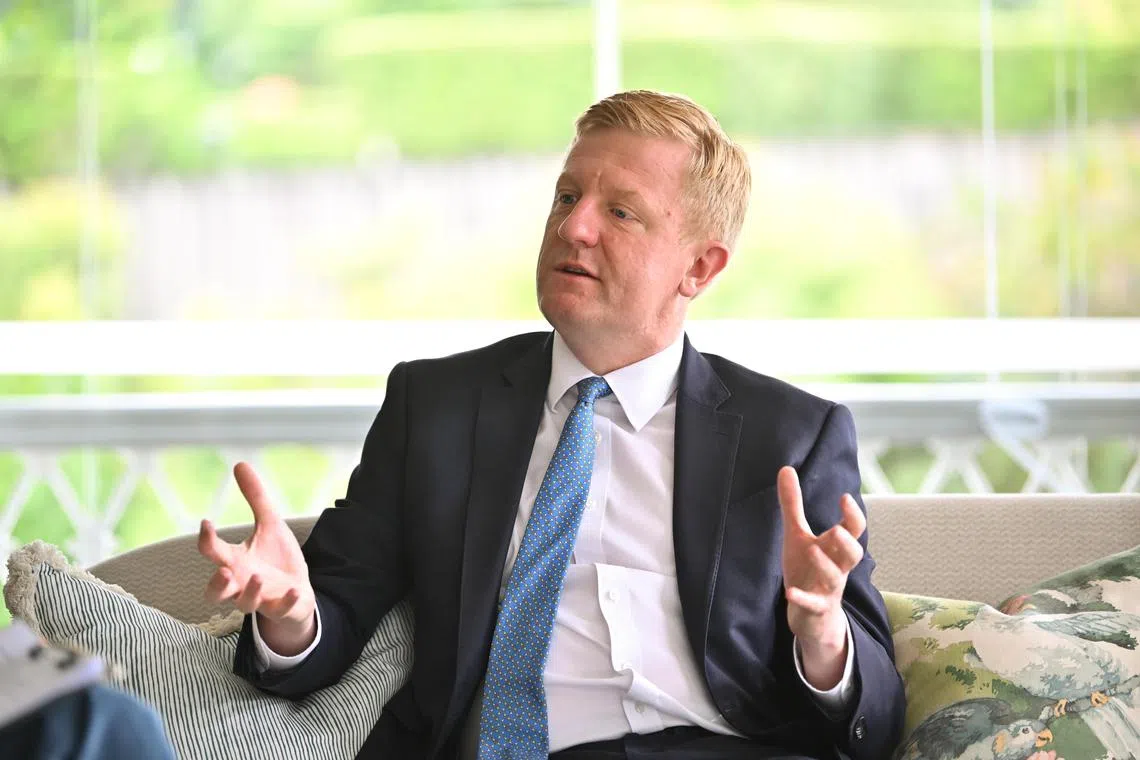 ST20230629-202343197439-Lim Yaohui-Vikram Khanna-vkdowden/
Interview with United Kingdom's Deputy Prime Minister Deputy Prime Minister Oliver Dowden at Eden Hall, official residence of the British High Commissioner in Singapore on June 29, 2023.
United Kingdom Deputy Prime Minister, Chancellor of the Duchy of Lancaster, and Secretary of State in the Cabinet Office Oliver Dowden will make a working visit to Singapore from 27 to 29 June 2023.
(ST PHOTO: LIM YAOHUI)