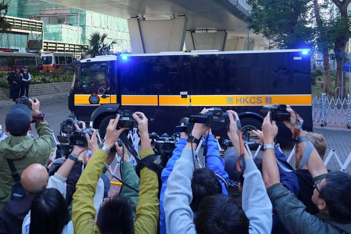 A prison van believed to be carrying Jimmy Lai, leaves the West Kowloon Magistrates' Courts building after the verdict in the national security collusion trial of Jimmy Lai, founder of the now-defunct pro-democracy newspaper Apple Daily, in Hong Kong, China, December 15, 2025. REUTERS/Lam Yik TPX IMAGES OF THE DAY