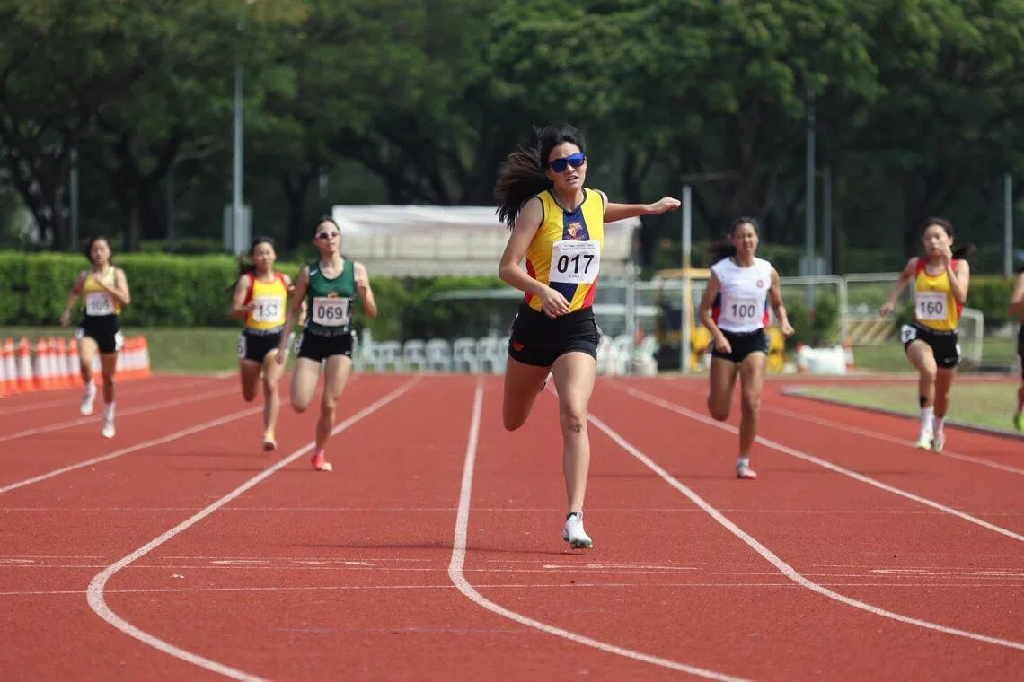 Alexis Teo crossing the finishing line, winning the National School Games A Division 400m sprint on April 8, 2026.