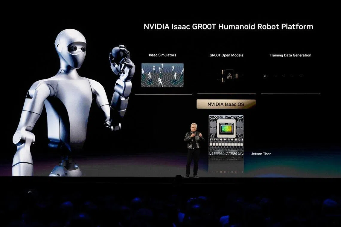 Nvidia CEO Jensen Huang speaking about the computing giant's Isaac GR00T Reference Humanoid Robot on the sidelines of Computex conference in Taipei on June 1.