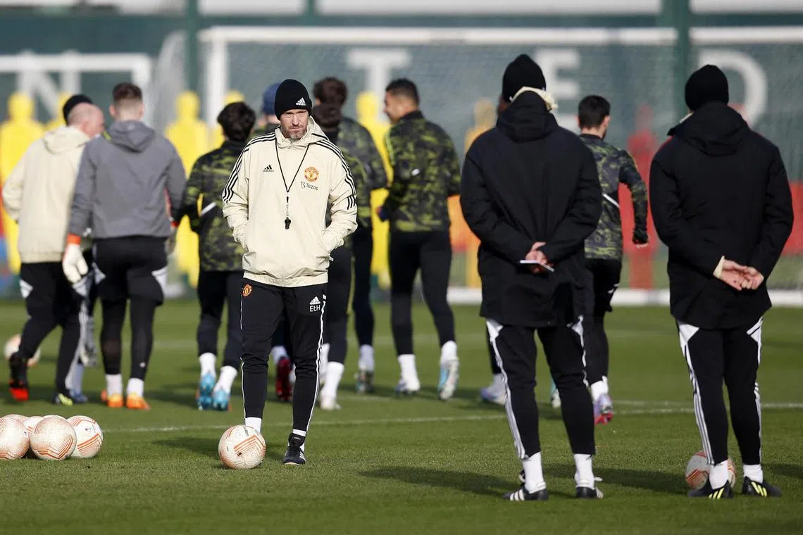 Manchester United manager Erik ten Hag during a training session ahead of the Europa League clash with Barcelona.