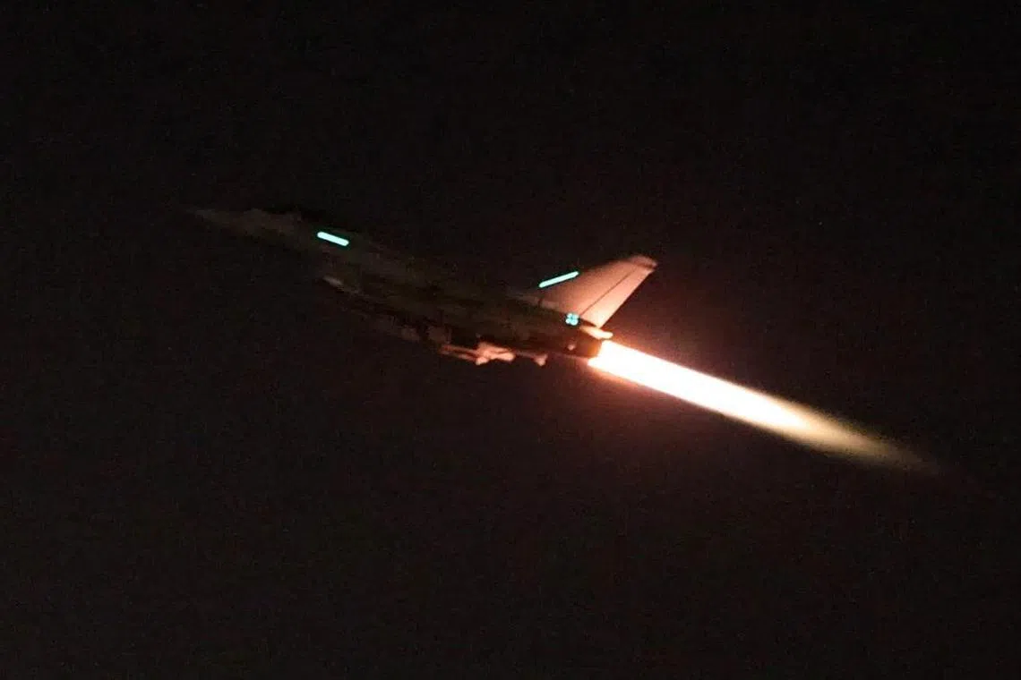 An RAF Typhoon aircraft takes off to join the US-led coalition to conduct air strikes against military targets in Yemen.