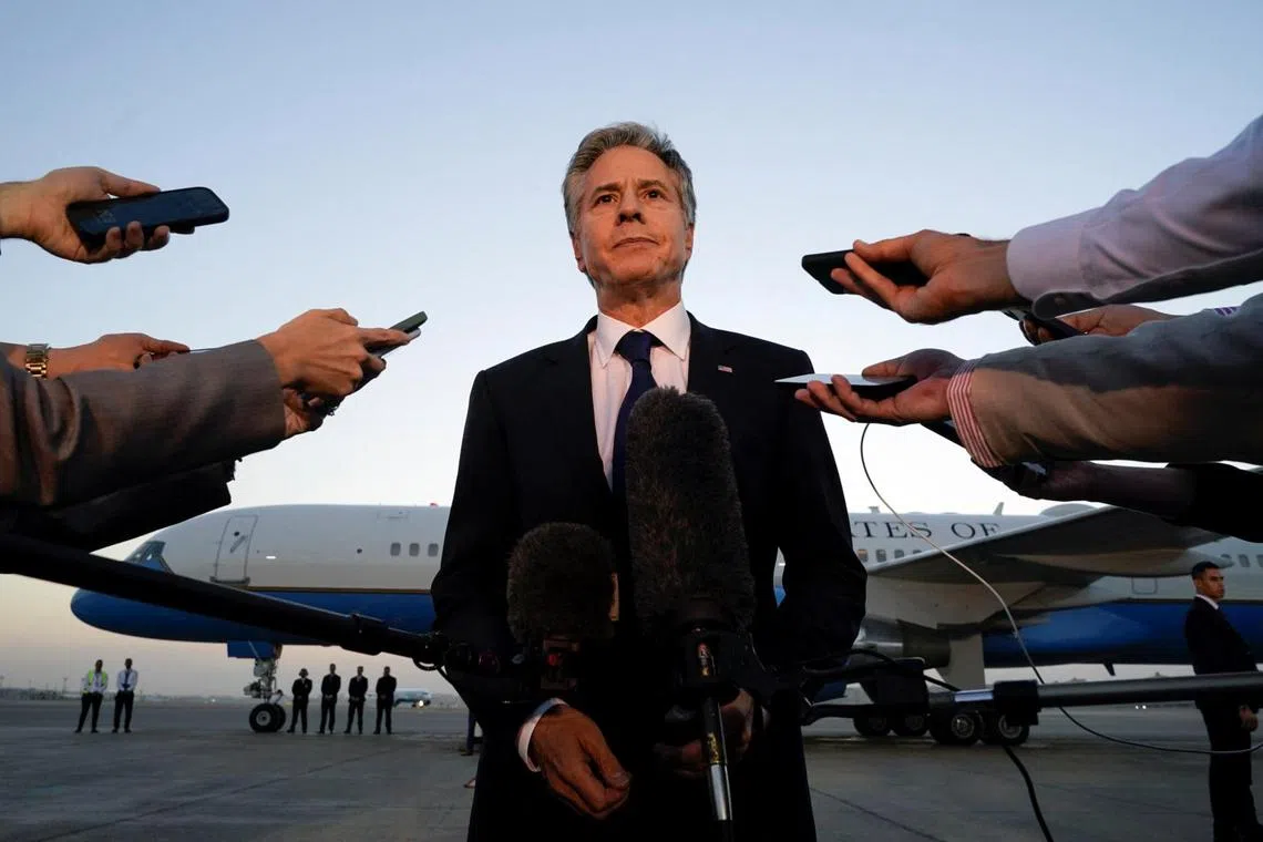 US Secretary of State Antony Blinken speaking to the media before leaving Cairo, Egypt, for Jordan, on Oct 15.