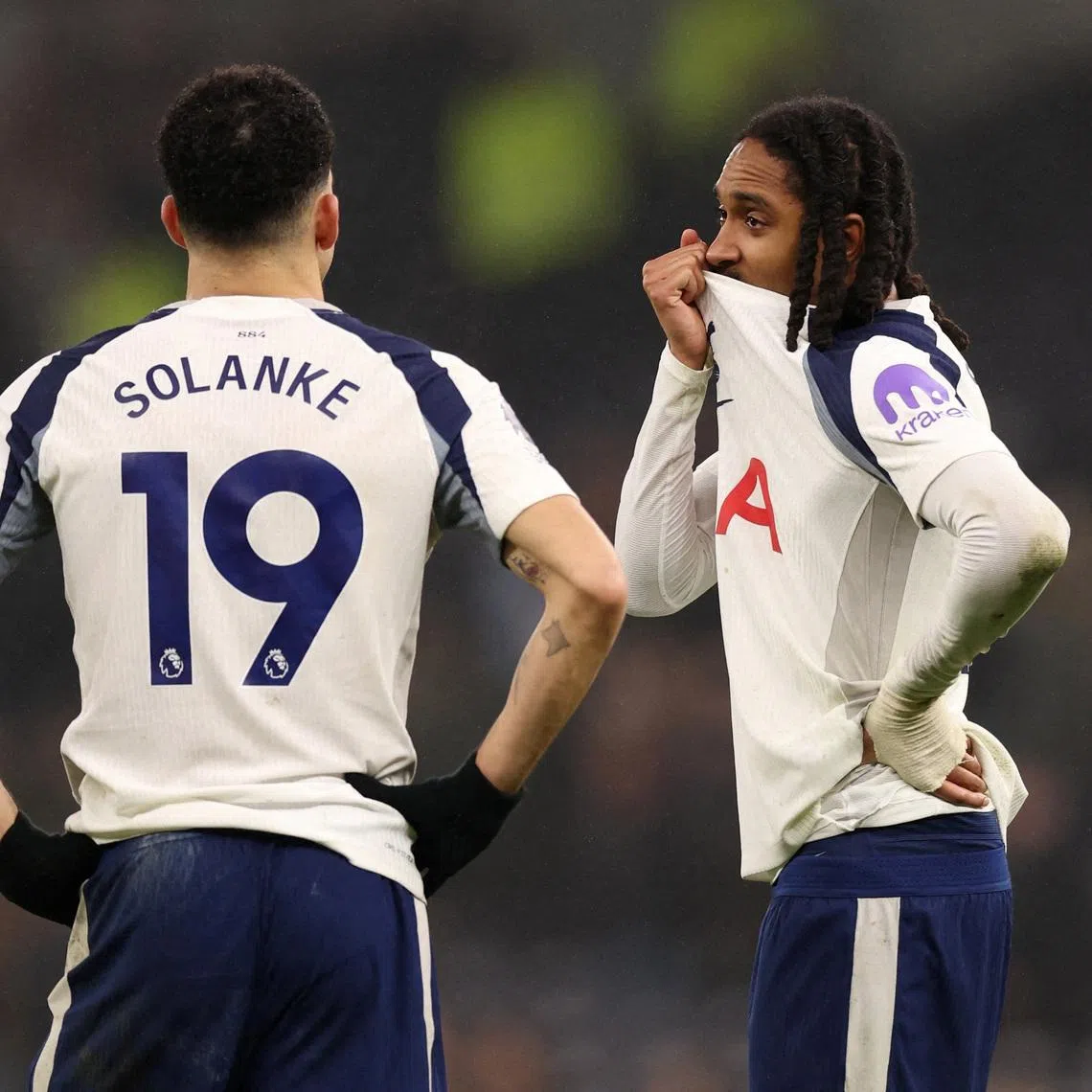 Soccer Football - Premier League - Tottenham Hotspur v Newcastle United - Tottenham Hotspur Stadium, London, Britain - February 10, 2026  Tottenham Hotspur's Djed Spence and Tottenham Hotspur's Dominic Solanke look dejected after the match REUTERS/Chris Radburn