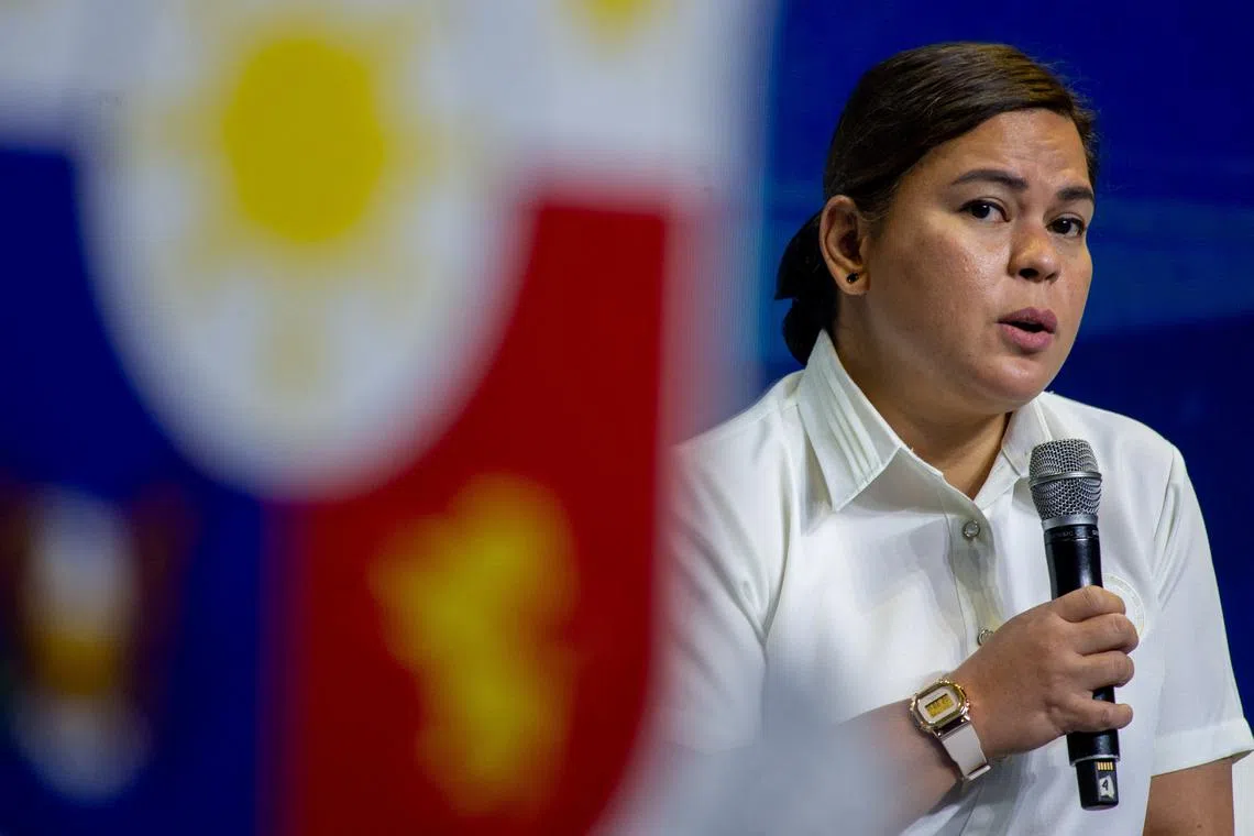 FILE PHOTO: Philippine Vice President and Education Secretary Sara Duterte speaks during an economic briefing following President Ferdinand Marcos Jr's first State of the Nation Address, in Pasay City, Metro Manila, Philippines, July 26, 2022. REUTERS/Lisa Marie David/File Photo