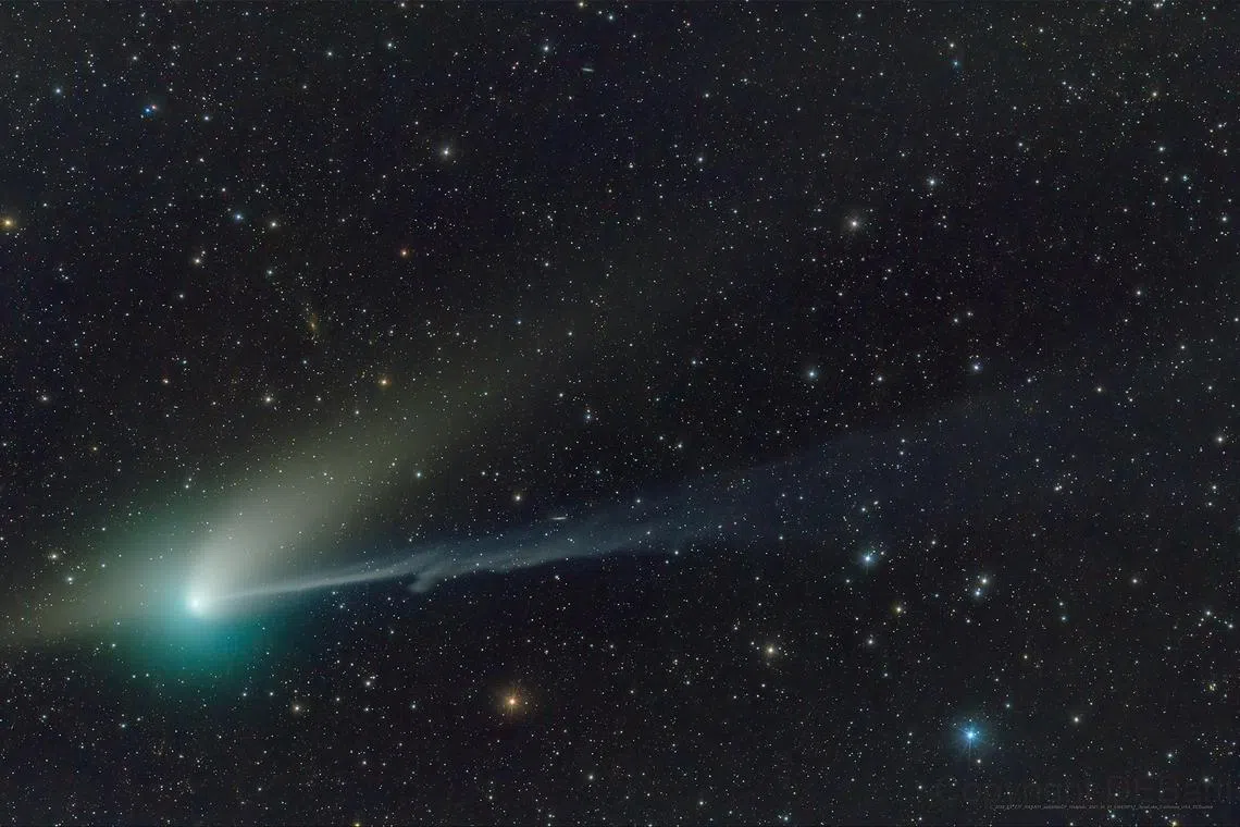 A green comet named Comet C/2022 E3 (ZTF), which last passed by our planet about 50,000 years ago and is expected to be most visible to stargazers this week, is seen journeying tens of millions of miles (km) away from Earth in this telescope image taken on Jan 21, 2023.  