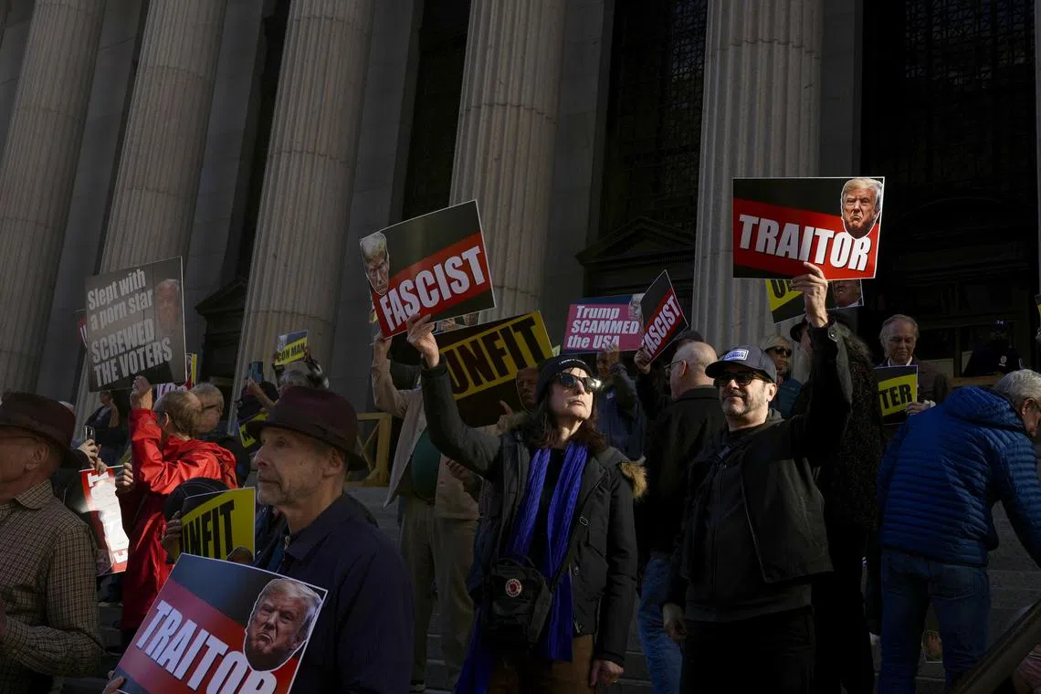 Protesters outside Madison Square Garden, where former President Donald Trump, the Republican presidential nominee, held a campaign rally in New York on Oct 27, 2024. 