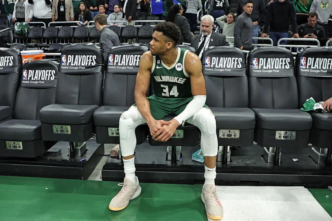 MILWAUKEE, WISCONSIN - APRIL 26: Giannis Antetokounmpo #34 of the Milwaukee Bucks sits on the bench after losing Game 5 of the Eastern Conference First Round Playoffs against the Miami Heat in overtime at Fiserv Forum on April 26, 2023 in Milwaukee, Wisconsin. NOTE TO USER: User expressly acknowledges and agrees that, by downloading and or using this photograph, User is consenting to the terms and conditions of the Getty Images License Agreement.   Stacy Revere/Getty Images/AFP (Photo by Stacy Revere / GETTY IMAGES NORTH AMERICA / Getty Images via AFP)