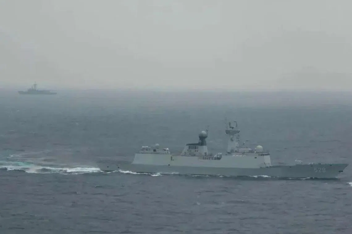 A People’s Liberation Army ship conducting joint exercises around Taiwan in an image released on April 8. 