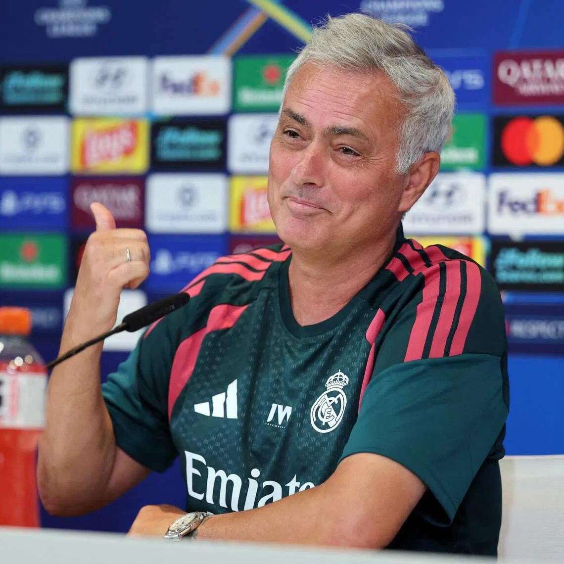 Real Madrid's Portuguese coach Jose Mourinho gives a press conference at the Ciudad Real Madrid training ground in Madrid on September 7, 2026 ahead of the UEFA Champions League first round day 1 football match between Real Madrid and Inter Milan.
