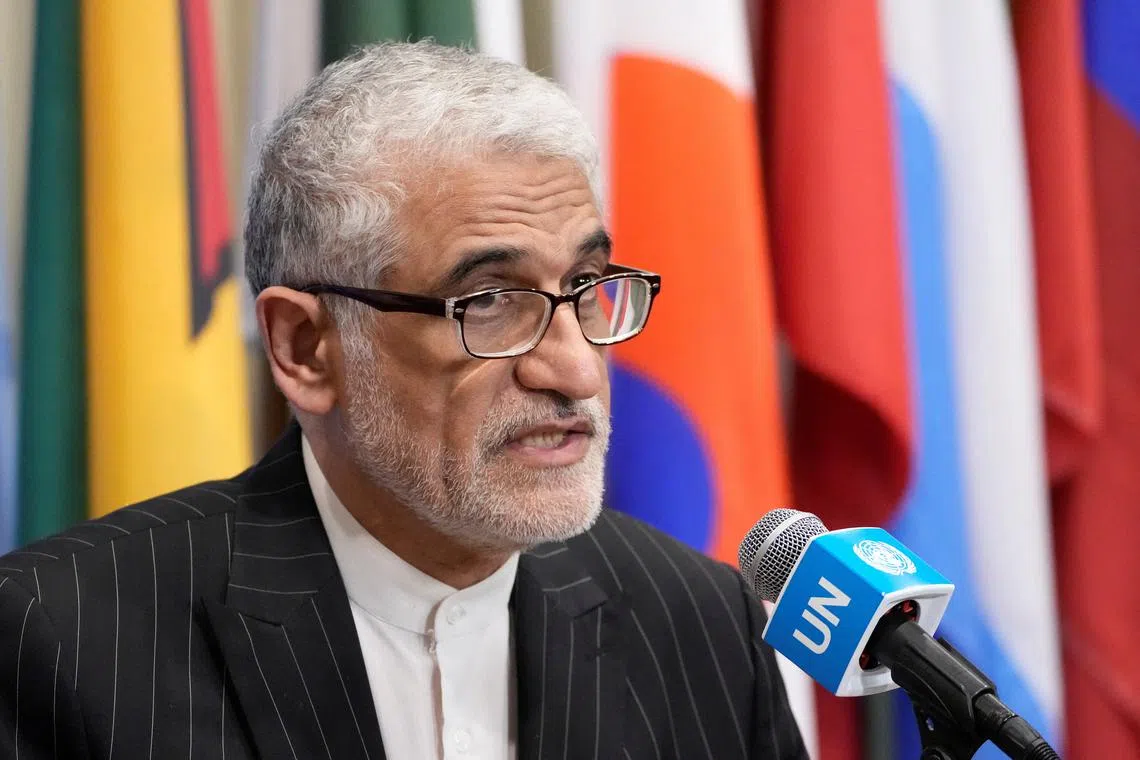 FILE PHOTO: Iran's Ambassador and Permanent Representative Amir Saeid Iravani delivers his remarks after attending a meeting of the United Nations Security Council, following Israel’s attack on Iran, at U.N. headquarters in New York City, U.S., June 13, 2025. REUTERS/Eduardo Munoz/File Photo