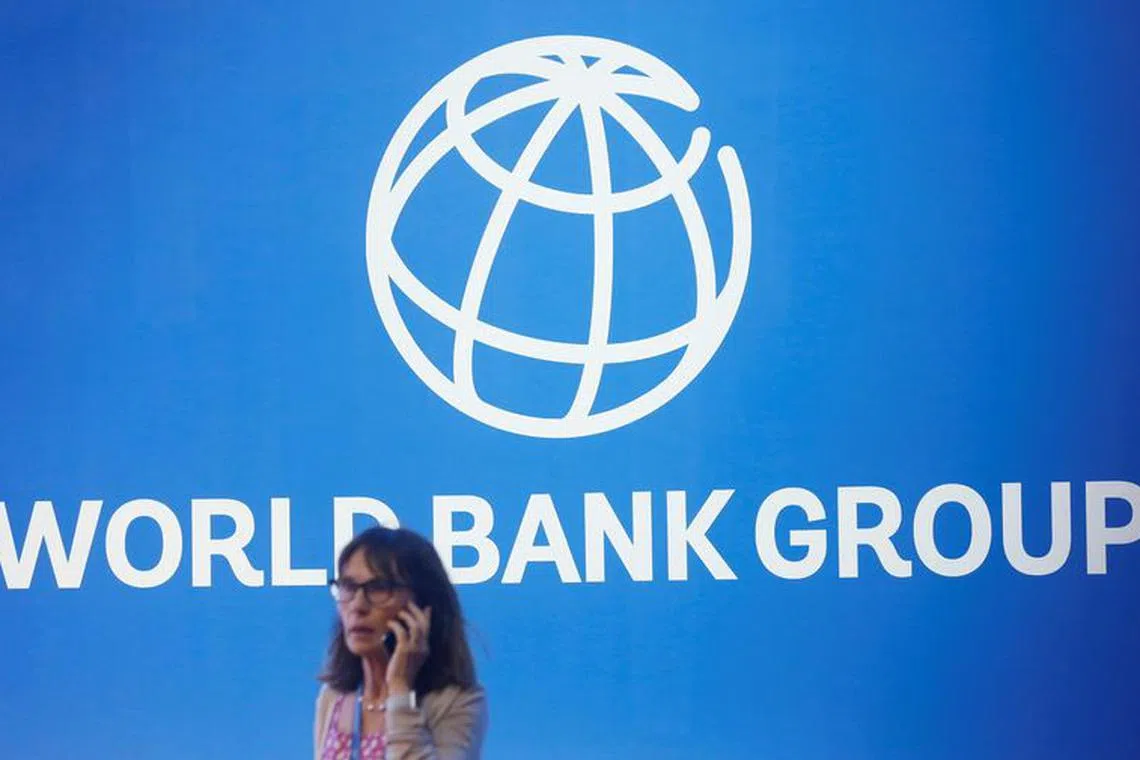 FILE PHOTO: A participant stands near a logo of World Bank at the International Monetary Fund - World Bank Annual Meeting 2018 in Nusa Dua, Bali, Indonesia, October 12, 2018. REUTERS/Johannes P. Christo