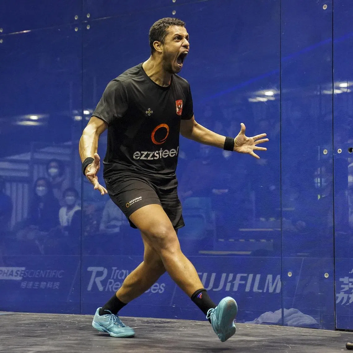 Mostafa Asal celebrating after beating Diego Elias in the men’s final of the Hong Kong Squash Open at Hong Kong Park Sports Centre in December 2022.