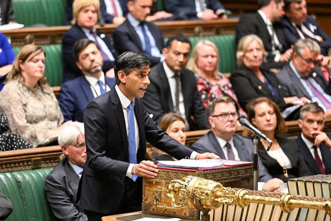 Britain's Prime Minister Rishi Sunak delivers a speech during Ministerial Statement on Israel and Gaza situation, at the House of Commons in London, Britain October 23, 2023. UK Parliament/Maria Unger/Handout via REUTERS