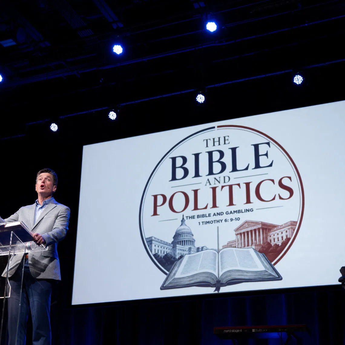 Erik Estep, senior pastor at Village Church, delivering a sermon during a service focusing on the Bible and politics in Blythewood, South Carolina, on Oct 14.